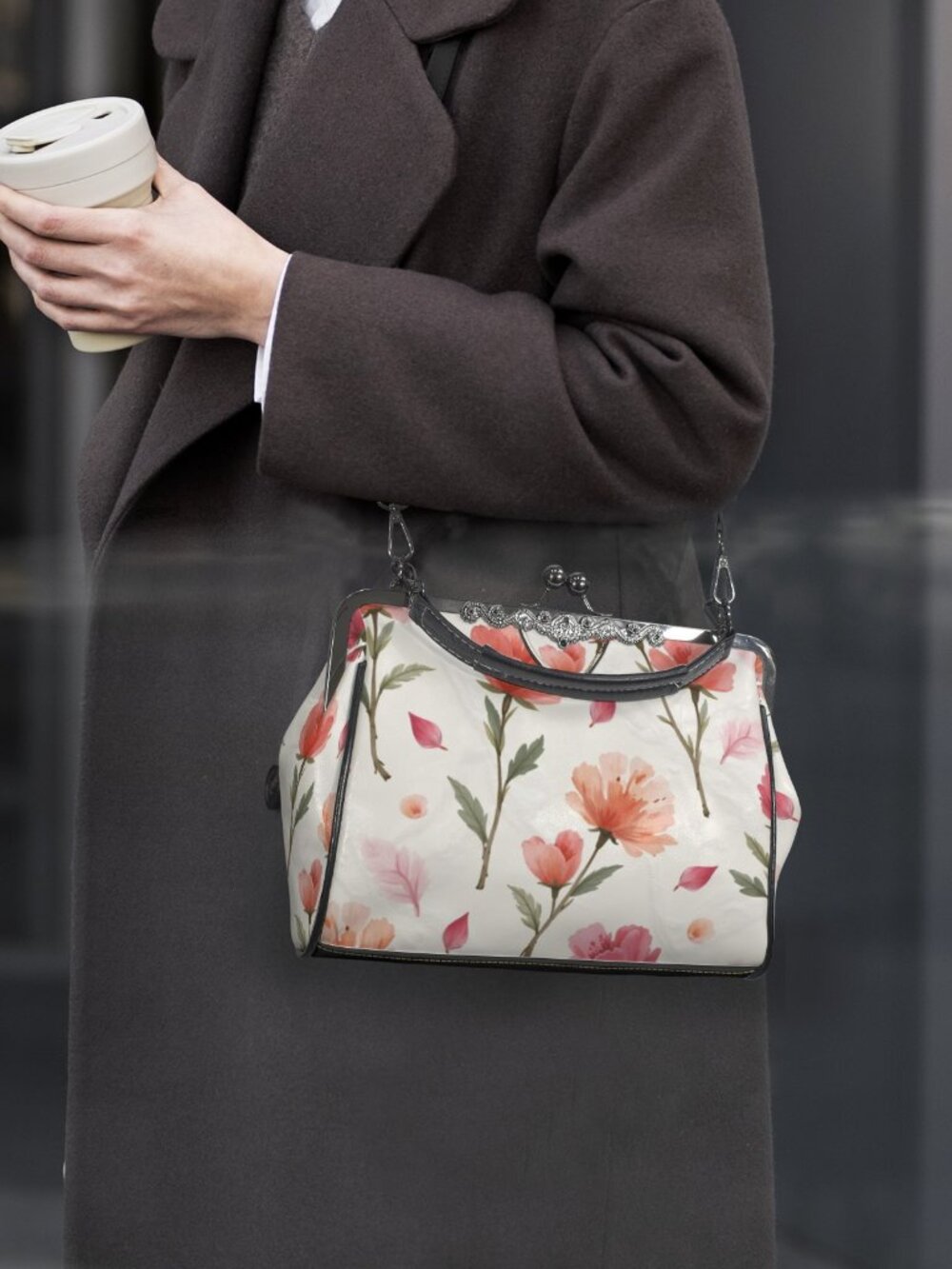 🌹Rose Floral Kisslock Crossbody Bag Vintage Clasp Waxed PU Shoulder Purse👜 - Picture 9 of 11